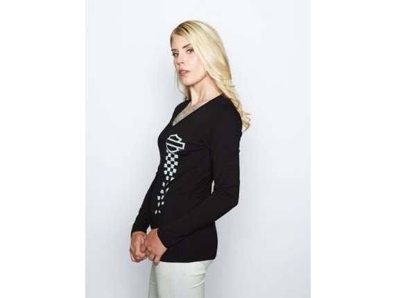 HT4949BLK-XS, Damen Longsleeve ''Check Flag''