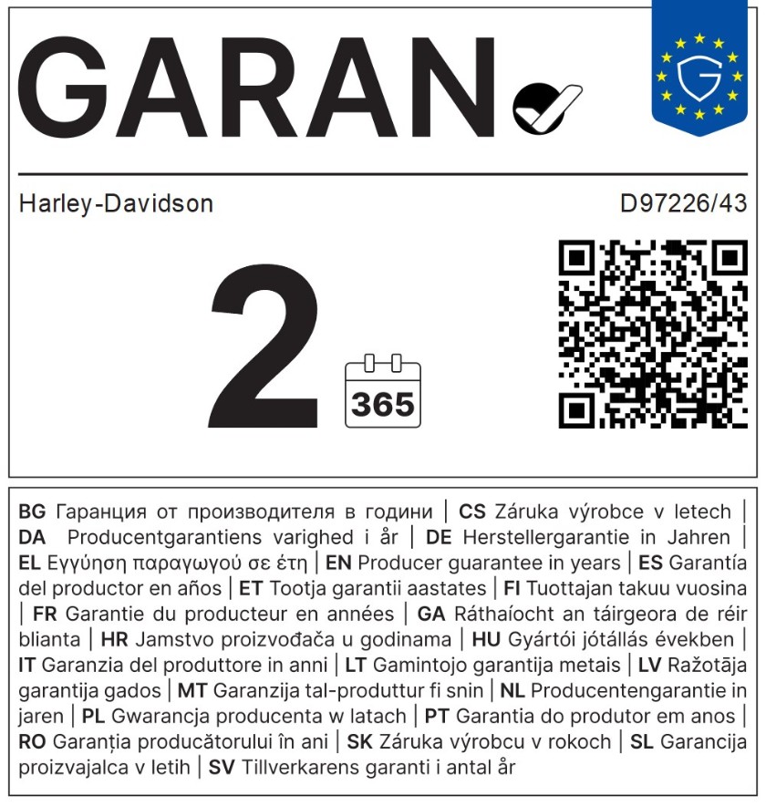 EU-Garantielabel: 2 Jahre Herstellergarantie von Harley-Davidson für D97226/43