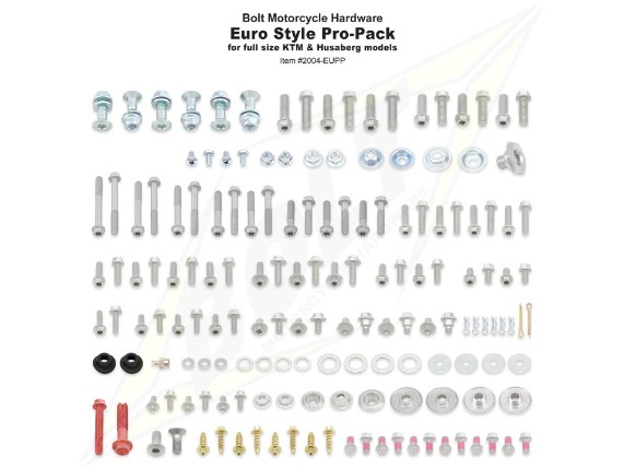 BOLT Pro-Pack EURO Schraubenkit mit 180 Schrauben und Befestigungsteilen im originalgetreuen KTM Factory Style. Das umfangreiche Sortiment enthält verschiedene Flanschschrauben, Verkleidungsschrauben, Kettenradschrauben, Muttern, Unterlegscheiben und Distanzbuchsen für Wartung und Reparatur von KTM-Motocross- und Enduro-Motorrädern.