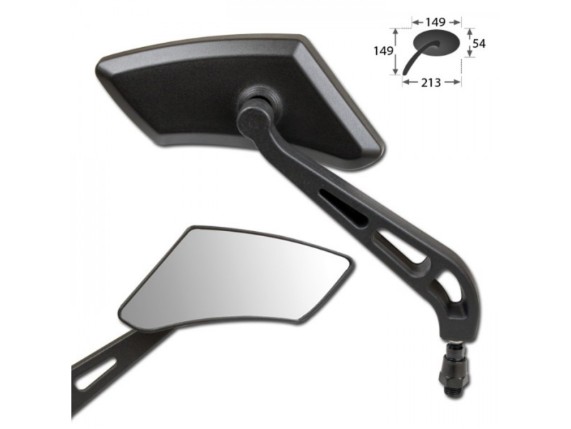 HS MotoParts Rapido Nylon Universalspiegel in Schwarz mit M8- und M10-Adaptern für verschiedene Motorradmodelle.