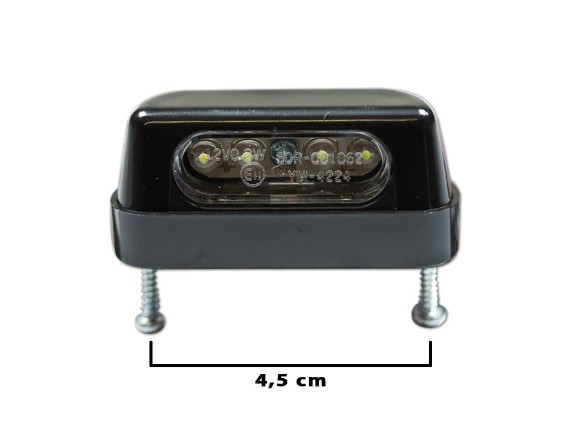 HS MotoParts Zest LED-Kennzeichenbeleuchtung mit schwarzem Kunststoffgehäuse und kompakten Abmessungen.