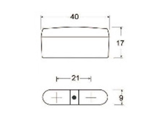 HS MotoParts LED-Kennzeichenbeleuchtung TRI mit Maßangaben – Breite 39 mm, Höhe 10 mm und Tiefe 17 mm.