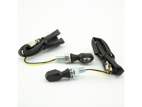 HS MotoParts Vision Micro-LED-Blinker mit schwarzem Kunststoffgehäuse, rauchgrau getöntem Glas und kompakter Bauform.