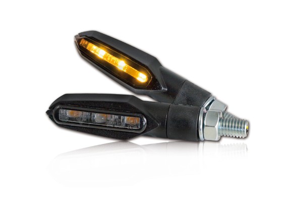 HS MotoParts SMD-Blinker Slight mit schwarzem ABS-Gehäuse, getöntem Glas, 3 SMD-LEDs und flexiblem Gummiarm.