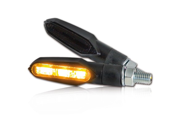 HS MotoParts SMD-Blinker Slight mit schwarzem ABS-Gehäuse, getöntem Glas, 3 SMD-LEDs und flexiblem Gummiarm.