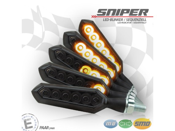 HS MotoParts LED-Blinker Sniper mit schwarzem Aluminiumgehäuse, getöntem Glas und sequenzieller LED-Blinktechnik.