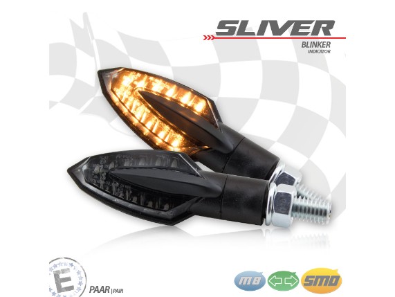 HS MotoParts SMD-Blinker Sliver mit schwarzem ABS-Gehäuse und getönter, austauschbarer Blende für Motorrad-Umbauten.