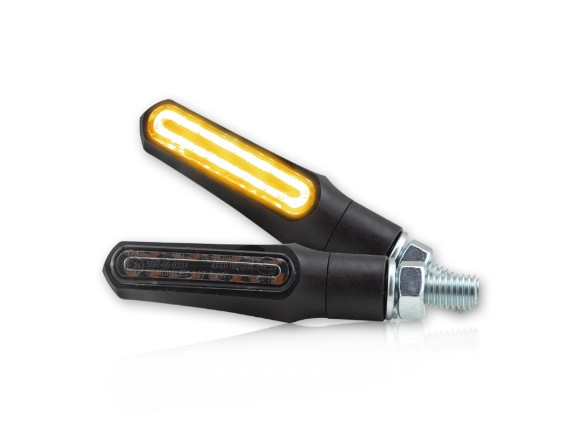 HS MotoParts SMD-Blinker New Stick 2 mit schwarzem Gehäuse, getöntem Glas, Gummiarm und kompakter Bauform.