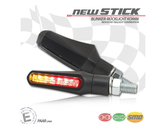 HS MotoParts SMD-Blinker-Rücklicht New Stick mit schwarzem Gehäuse, getönter Optik und integrierter Blinker- und Rücklichtfunktion.