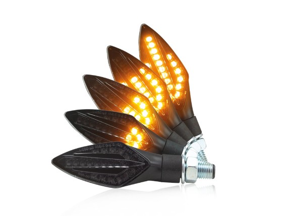 HS MotoParts SMD-Blinker Trident mit schwarzem ABS-Gehäuse, getöntem Glas und kompakter Bauform.