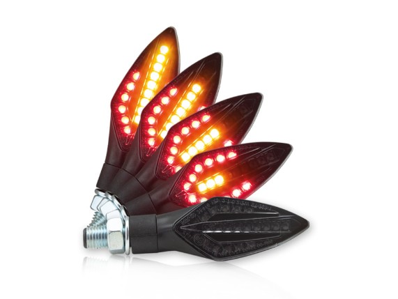 HS MotoParts Trident SMD-Blinker mit integriertem Rücklicht, schwarzem ABS-Gehäuse und getönter Ausführung.
