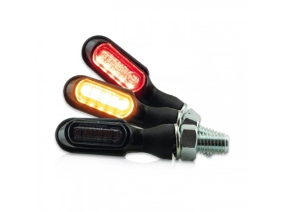 HS MotoParts SMD-Blinker Set Heat mit schwarzem Gehäuse, getönter Linse und flexiblem Gummiarm.