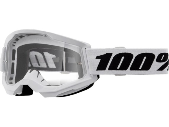 100% Strata 2 Motocross & Enduro Brille in Weiß mit klarem Antibeschlag-Glas und 40 mm breitem Silikonband.