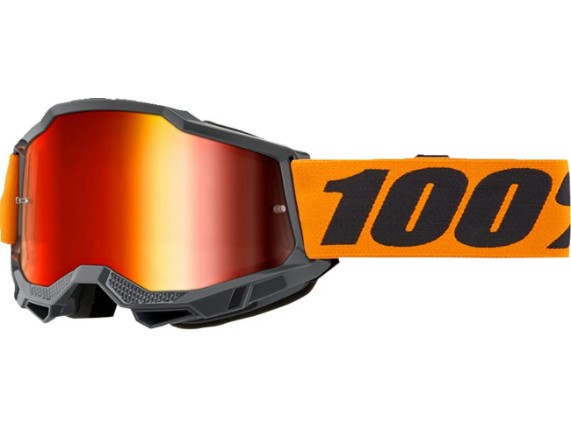 100% Accuri 2 Motocross & Enduro Brille in Grau/Orange mit verspiegeltem Glas und 45 mm breitem Silikonband.