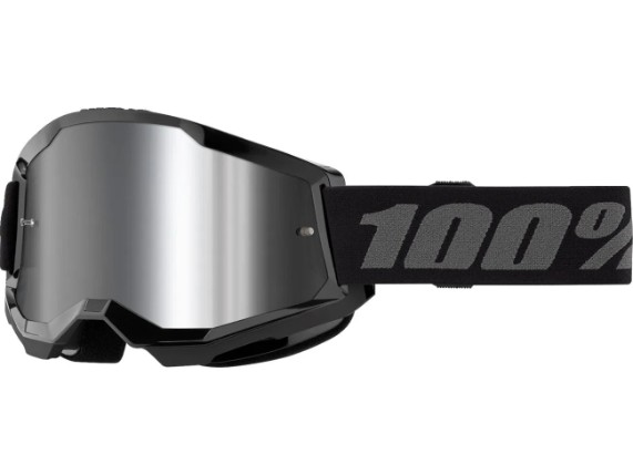 100% Strata 2 Motocross & Enduro Brille in Schwarz mit verspiegeltem Polycarbonat-Glas und 40 mm breitem Silikonband.