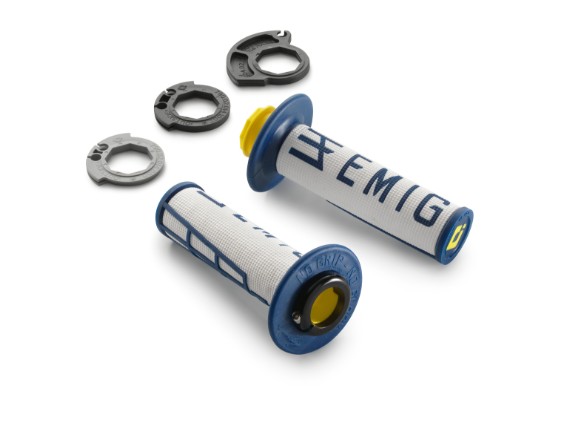 Odi Lock-on-Griffset „Jeff Emig“ mit rechtem Griff am Gasdrehgriff und linkem Griff mit Aluminium-Klemmring.
