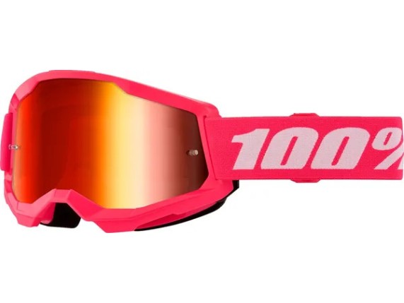 100% Strata 2 Motocross & Enduro Brille mit mattem pinkfarbenem Rahmen und rot verspiegeltem Polycarbonat-Glas. Die Crossbrille verfügt über eine Antibeschlag-Beschichtung, doppellagigen Gesichtsschaum und ein 40 mm breites, silikonbeschichtetes Brillenband für sicheren Halt.