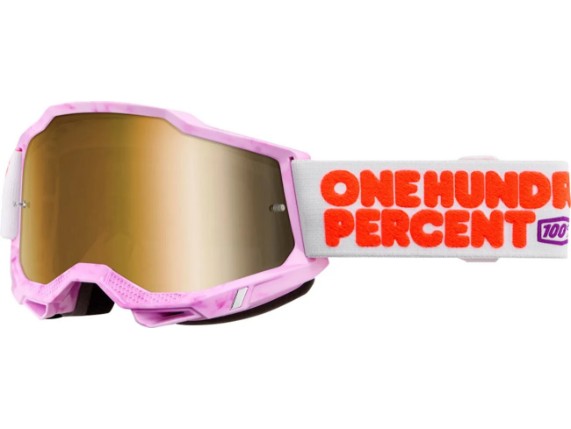 100% Accuri 2 Motocross & Enduro Brille in Pink/Weiß mit verspiegeltem Polycarbonat-Glas und 45 mm breitem Silikonband.