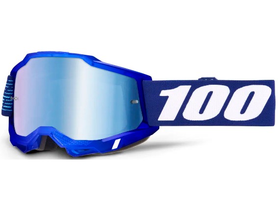100% Accuri 2 Motocross & Enduro Brille in Blau mit verspiegelter Polycarbonat-Scheibe und 45 mm breitem Silikonband.