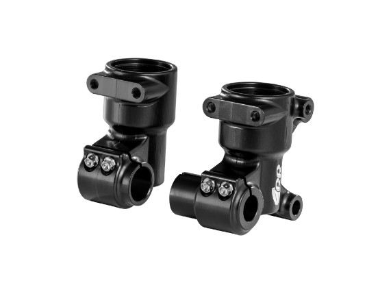 RR Racing XL Gabelfaust-Set aus einer hochfesten Aluminiumlegierung für KTM 65 SX, Husqvarna TC 65 und GASGAS MC 65. Die um 25 mm verlängerten Gabelfäuste ermöglichen eine Anpassung der Frontgeometrie bei verlängerten Schwingen und Big-Wheel-Umbauten.