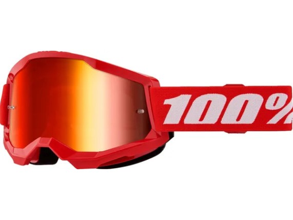 100% Strata 2 Motocross-Brille in Rot mit rot verspiegeltem Polycarbonat-Glas. Die Crossbrille bietet eine Antibeschlag-Beschichtung, doppellagigen Gesichtsschaum und ein 40 mm breites, silikonbeschichtetes Brillenband für sicheren Halt beim Motocross und Enduro.