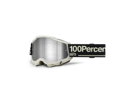 100% Accuri 2 Motocross & Enduro Brille in Grau/Schwarz mit verspiegelter Polycarbonat-Scheibe und 45 mm breitem Silikonband.
