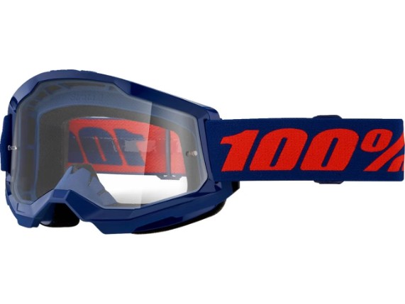 100% Strata 2 Motocross & Enduro Brille in Dunkelblau mit klarem Antibeschlag-Glas und 40 mm breitem Silikonband.