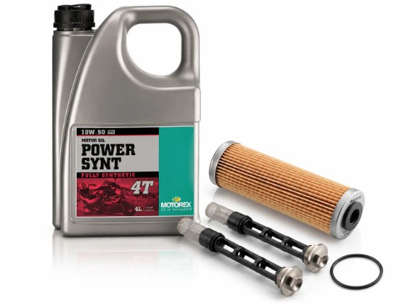 KTM LC8 Ölwechsel-Set für Adventure, Super Duke und RC8 Modelle mit Ölfilter Service Kit 61938021344 und 4 Liter MOTOREX POWER SYNT 4T 10W50 Motoröl.