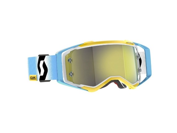 SCOTT Prospect 6DAYS Argentina 2023 Motocross & Enduro Brille in Blau, Weiß und Gelb mit gelb verspiegelter TruView WORKS Scheibe. Die exklusive Sonderedition verfügt über das SCOTT Lens-Lock-System, eine dreilagige NoSweat-Gesichtsauflage und ein extrabreites, silikonbeschichtetes Brillenband mit offiziellem 6DAYS-Logo.