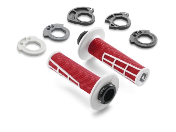 GASGAS PowerParts Lock-On-Griffset mit fest montiertem Gasgriff und Aluminium-Klemmring.