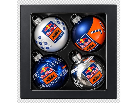 Red Bull KTM Winter Weihnachtskugeln 2026 im 4er-Set mit unterschiedlichen Red Bull KTM Racing Designs in schwarzer Geschenkbox.