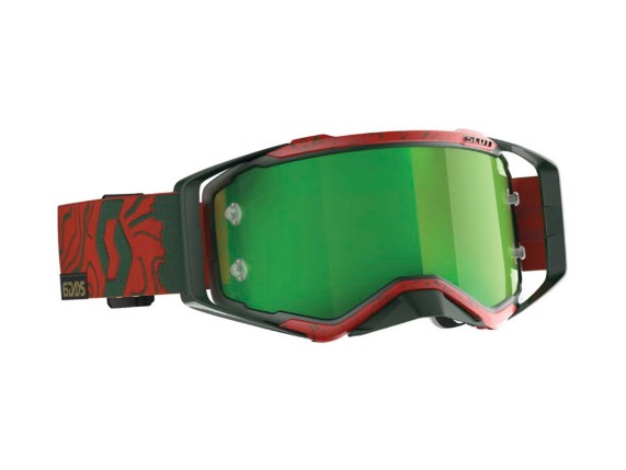 SCOTT Prospect 6DAYS Portugal 2020 Motocross & Enduro Brille im exklusiven Rot/Grün-Design mit grün verspiegelter TruView WORKS Scheibe. Die Sonderedition verfügt über ein besonders großes Sichtfeld, das SCOTT Lens-Lock-System, eine dreilagige NoSweat-Gesichtsauflage und ein 50 mm breites, silikonbeschichtetes Brillenband mit offiziellem ISDE-Logo.