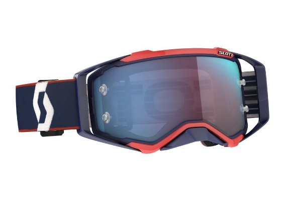 SCOTT Prospect Motocross & Enduro Brille im Retro-Design Blau/Rot mit blau verspiegelter TruView WORKS Scheibe. Die Offroad-Brille bietet ein besonders großes Sichtfeld, das SCOTT Lens-Lock-System, eine dreilagige NoSweat-Gesichtsauflage und ein 50 mm breites, silikonbeschichtetes Brillenband.
