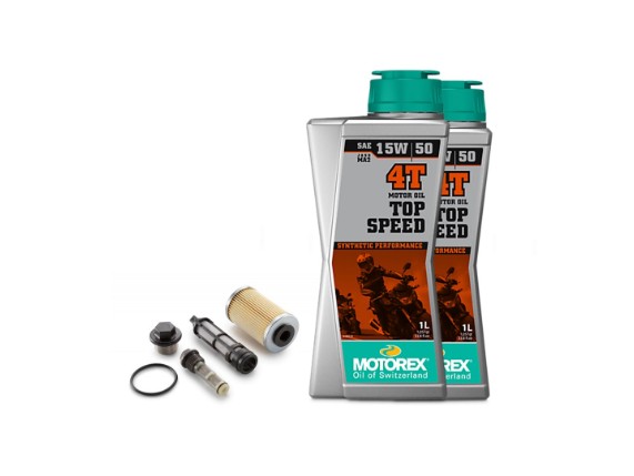 Ölwechsel-Set für KTM 390 Duke, RC und Adventure sowie Husqvarna Vitpilen 401 und Svartpilen 401 mit Ölfilter Service Kit 90238015010 und 2 Liter MOTOREX TOP SPEED 4T 15W50 Motoröl.