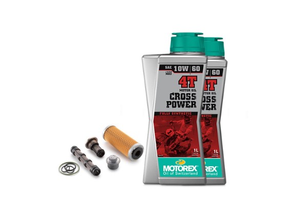 Ölwechsel-Set für KTM, Husqvarna und GASGAS 450 / 500 / 501 Modelle mit Ölfilter Service Kit A48038015010 und 2 Liter MOTOREX CROSS POWER 4T 10W60 Motoröl.