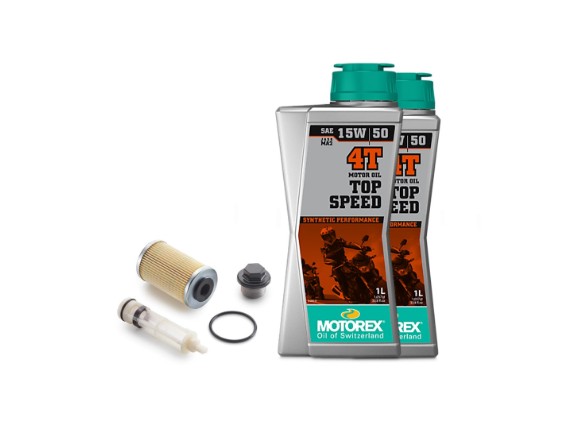Ölwechsel-Set für KTM 125 Duke, RC 125 und Husqvarna Svartpilen 125 mit Ölfilter Service Kit 90138015010 und 2 Liter MOTOREX TOP SPEED 4T 15W50 Motoröl.