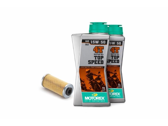 Ölwechsel-Set für KTM 125 / 250 / 390 Duke, RC und Adventure sowie Husqvarna Svartpilen / Vitpilen 401 mit Ölfilter 90138015000 und 2 Liter MOTOREX TOP SPEED 4T 15W50.